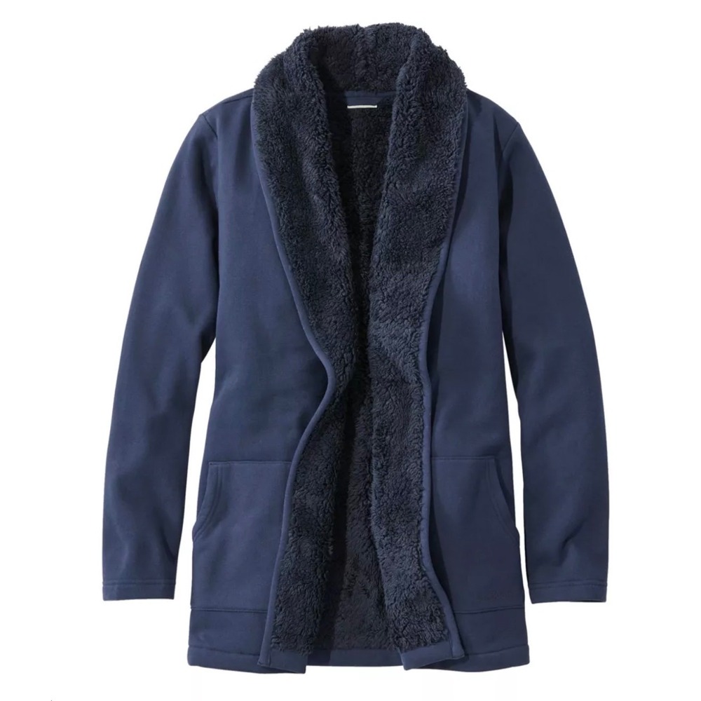 L.L.Bean Cardigan Women 2X Navy Sherpa Lined Open Front Sweatshirt 515090